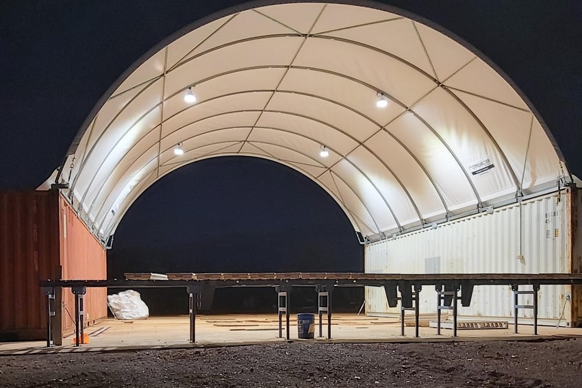 Dome shelter core shed set up at night
